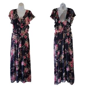 R&K Black Red Floral Plus Sz 18 Maxi Dress Ruffle Sleeve Cottagecore Fairy Boho
